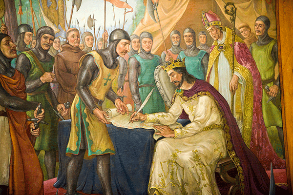 Large colorful mural painting depicting the signing of the Magna Carta.