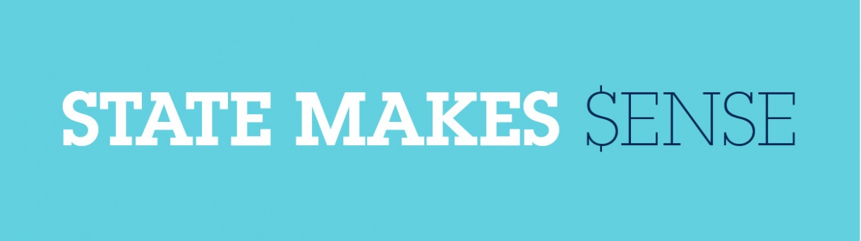 Graphic with a teal background displaying the text 'STATE MAKES $ENSE.' The word 'STATE MAKES' is written in bold white uppercase letters, and '$ENSE' is written in navy blue with a stylized dollar sign ($) replacing the 'S.'
