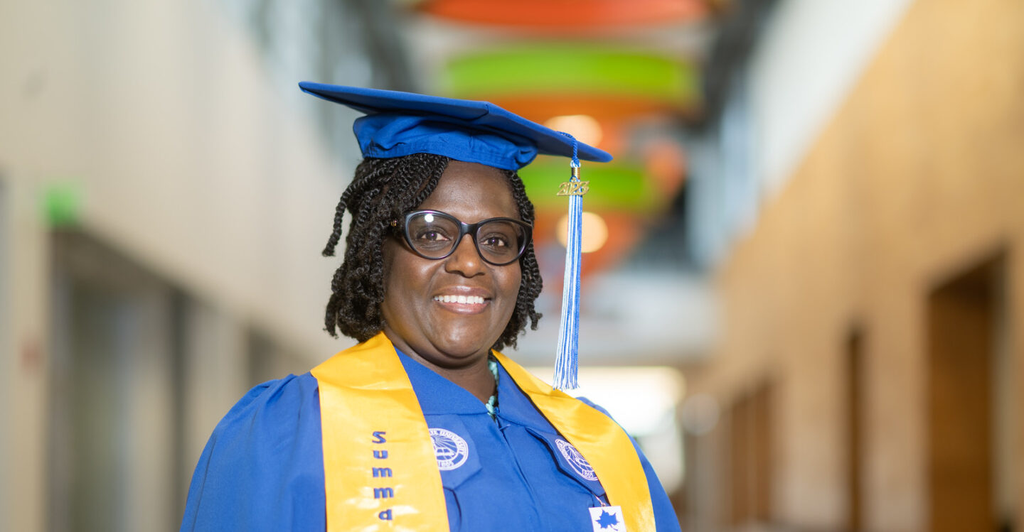 Angella Ogalo, '23, returned to college after taking time away to raise a family. Now, she completed her online bachelor's degree in leadership and professional development while working full-time for the Community Service Board in the government office of Fairfax County, Virginia. Ogalo credits her family and employers, and her faculty at Indiana State, with helping her realize her potential as a college graduate and working professional.