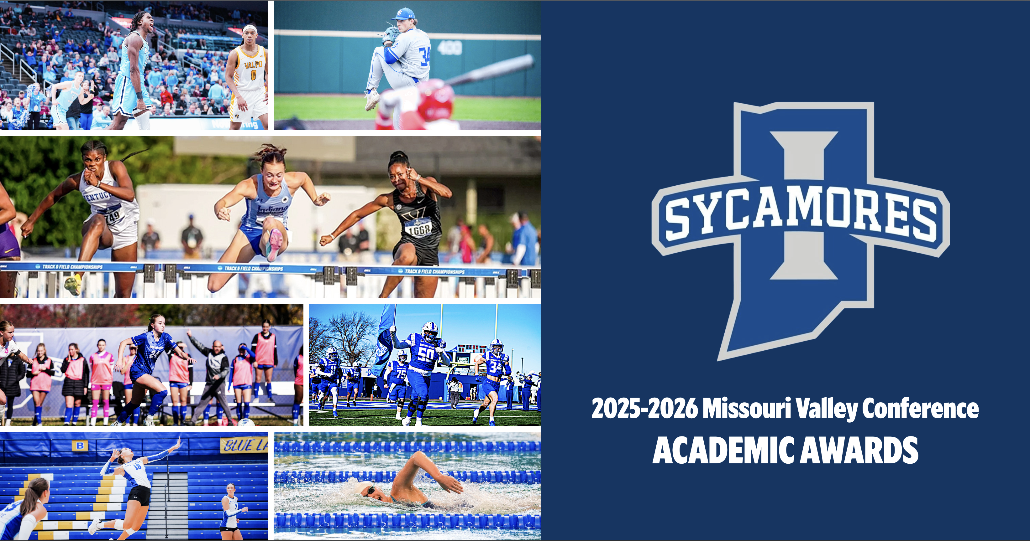 A collage of sports images featuring athletes engaging in various activities such as running, swimming, and playing baseball and soccer. The right side displays the Sycamores logo with text reading "2025-2026 Missouri Valley Conference Academic Awards.