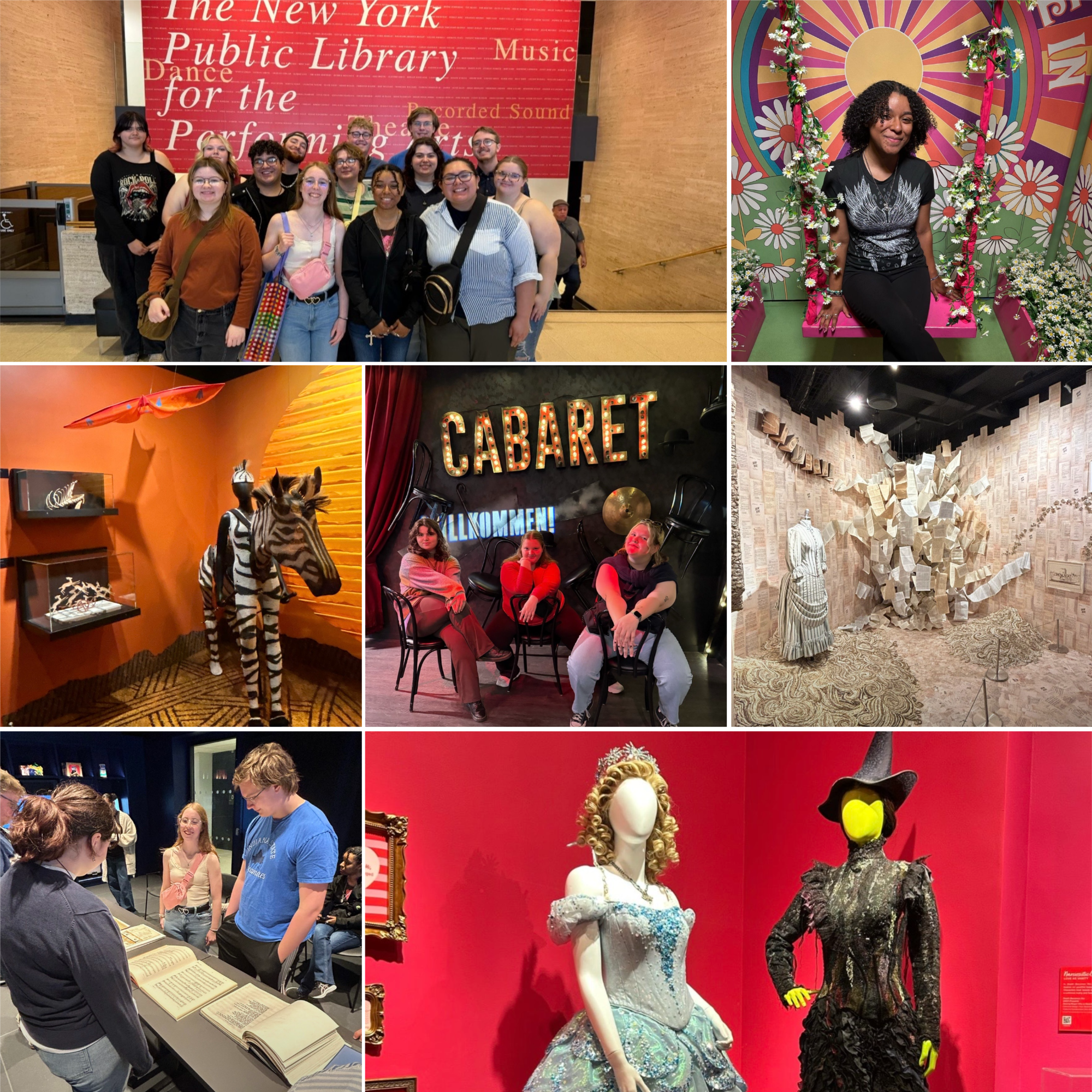 Collage of photos: Top left shows a group of young adults posing in front of a large red wall at the New York Public Library for the Performing Arts. Top right shows a person sitting on a decorative swing. Middle row includes a display with zebra figures and stage props, three people seated in front of a lit “Cabaret” sign, and an exhibit of a dress surrounded by pages. Bottom row shows students looking at artifacts and two costumes. 