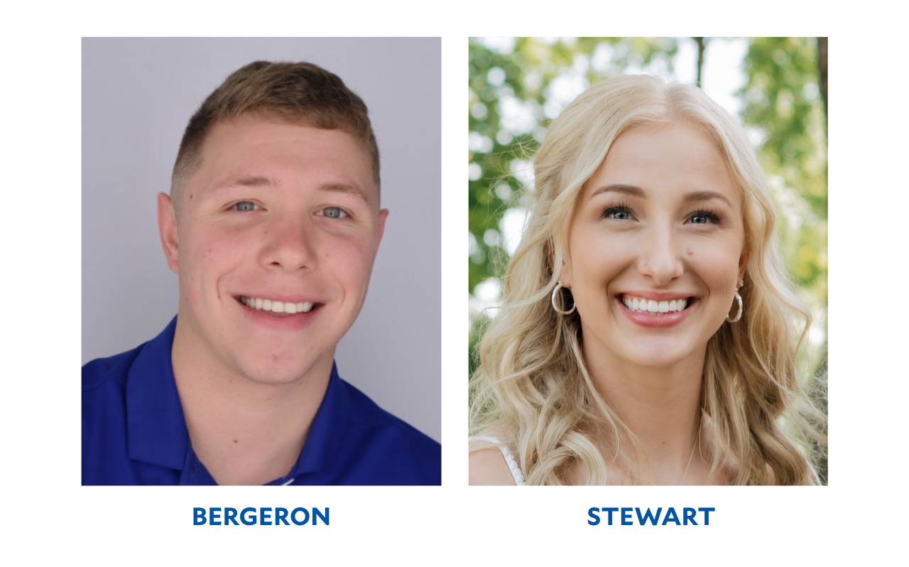 Two photo headshots side by side on a white background. On the right is recent graduate Christian Bergeron and on the right is recent graduate Alysha Stewart.