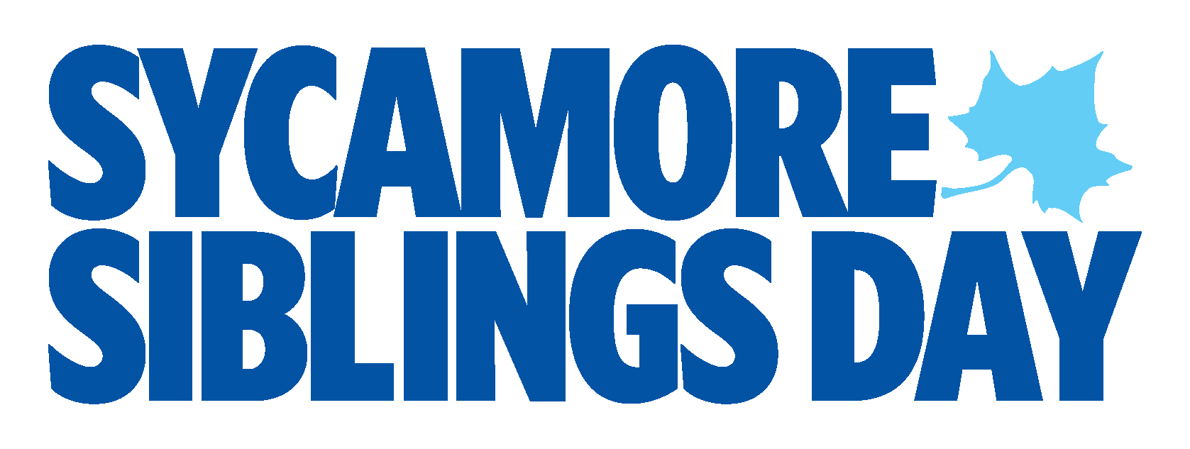 Blue all-caps text reading “SYCAMORE SIBLINGS DAY” with a light blue leaf graphic beside the word “SYCOMORE.”