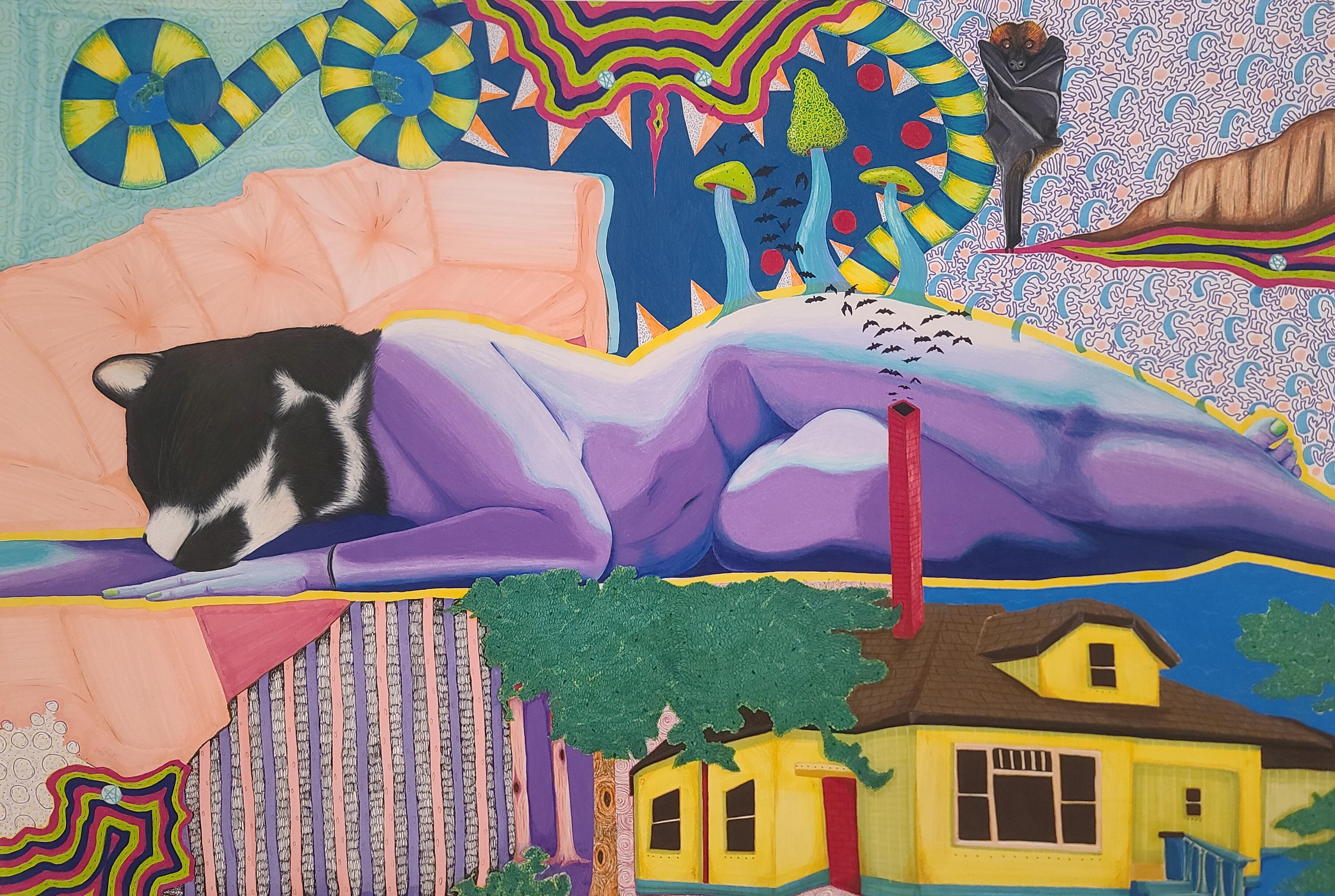 Colorful mixed-media art piece depicting a reclining purple figure with a black-and-white animal-like head, surrounded by a yellow house, trees, bats, mushrooms, geometric patterns, and swirling abstract shapes.
