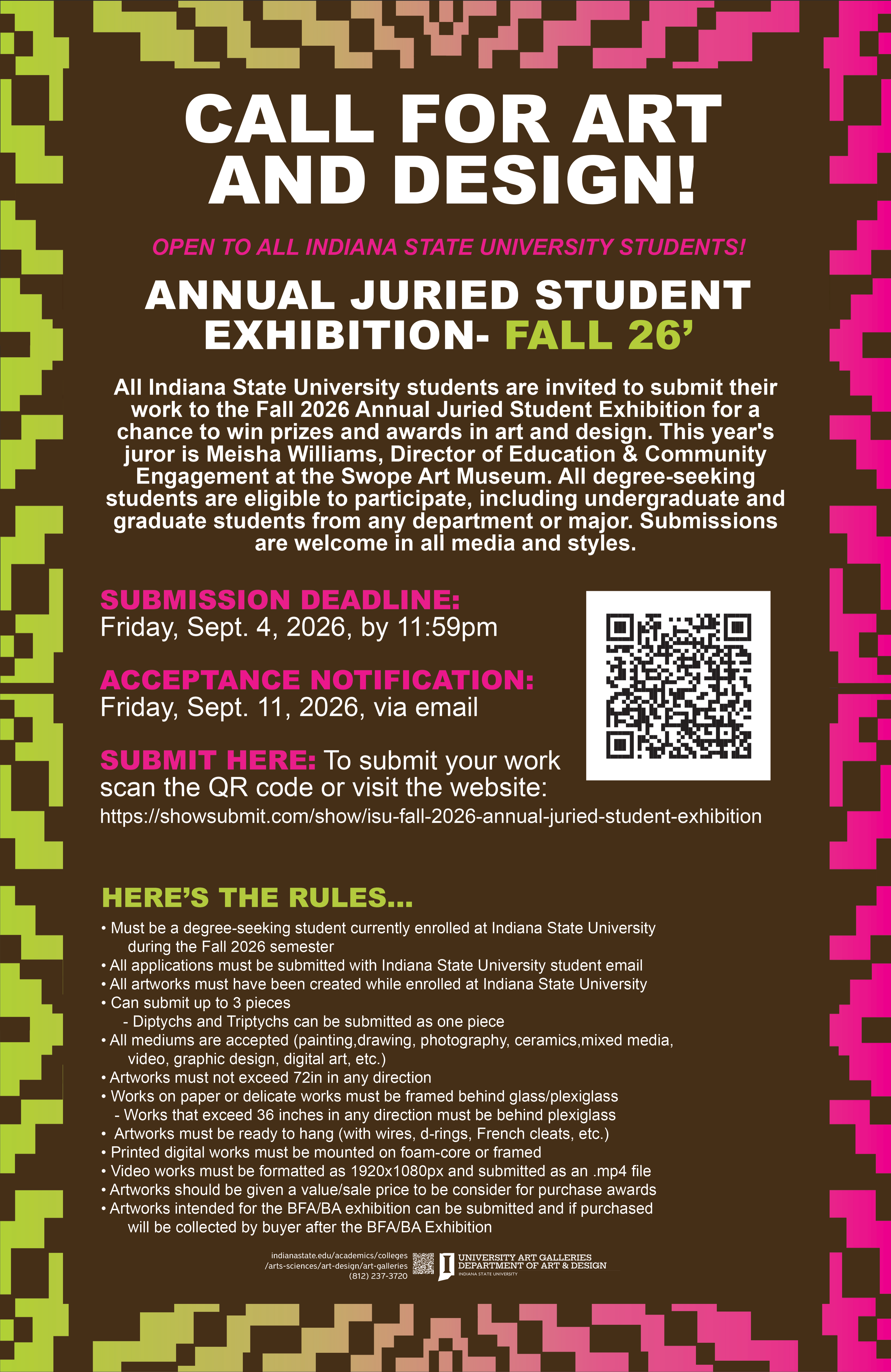 Call for Art and Design: Fall 2026 Annual Juried Student Exhibition. Submission deadline is September 4, 2026.