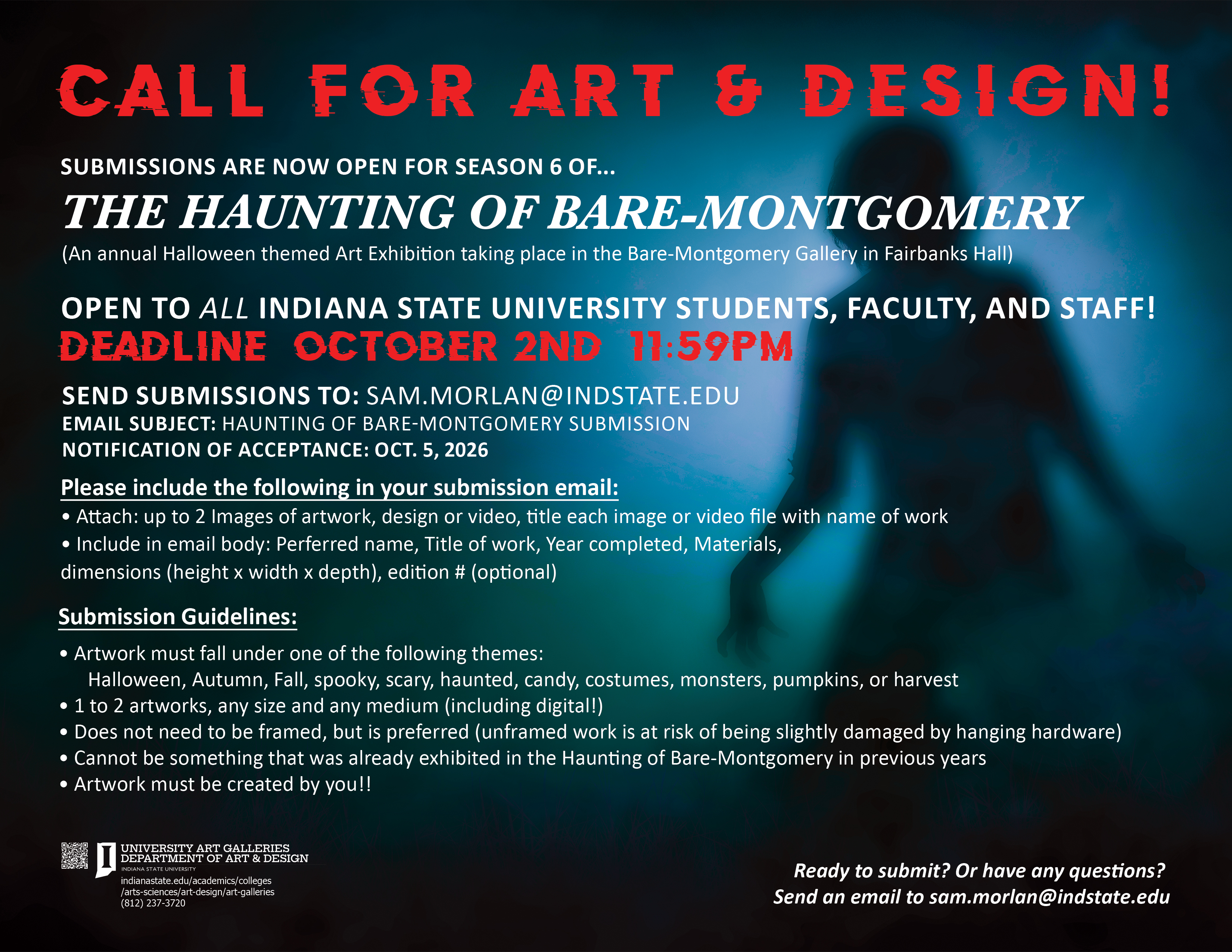 Call for Art and Design poster for “The Haunting of Bare-Montgomery,” Season 6, featuring a dark blue and black Halloween-themed background with a shadowy figure.