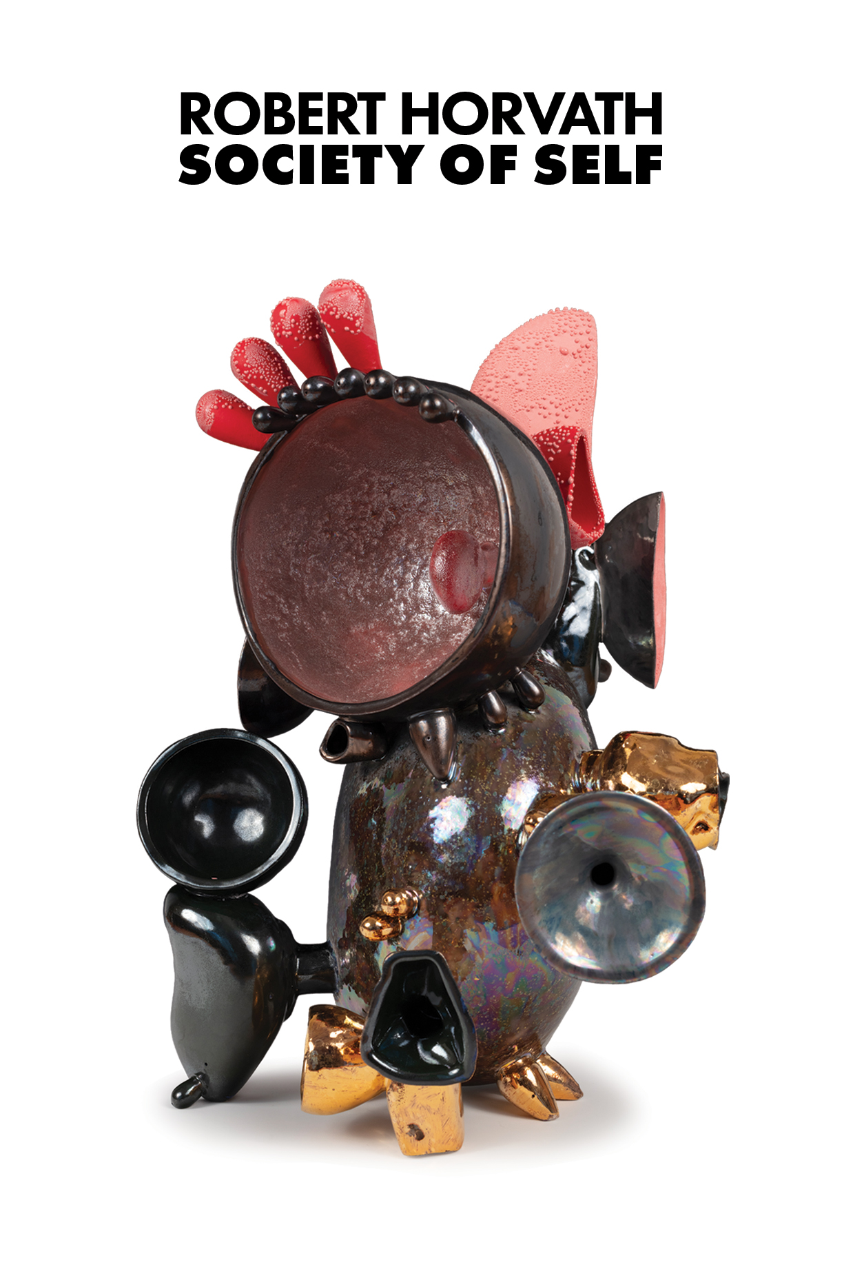 Ceramic sculpture by Robert Horvath featuring glossy black, red, pink, and gold organic forms.