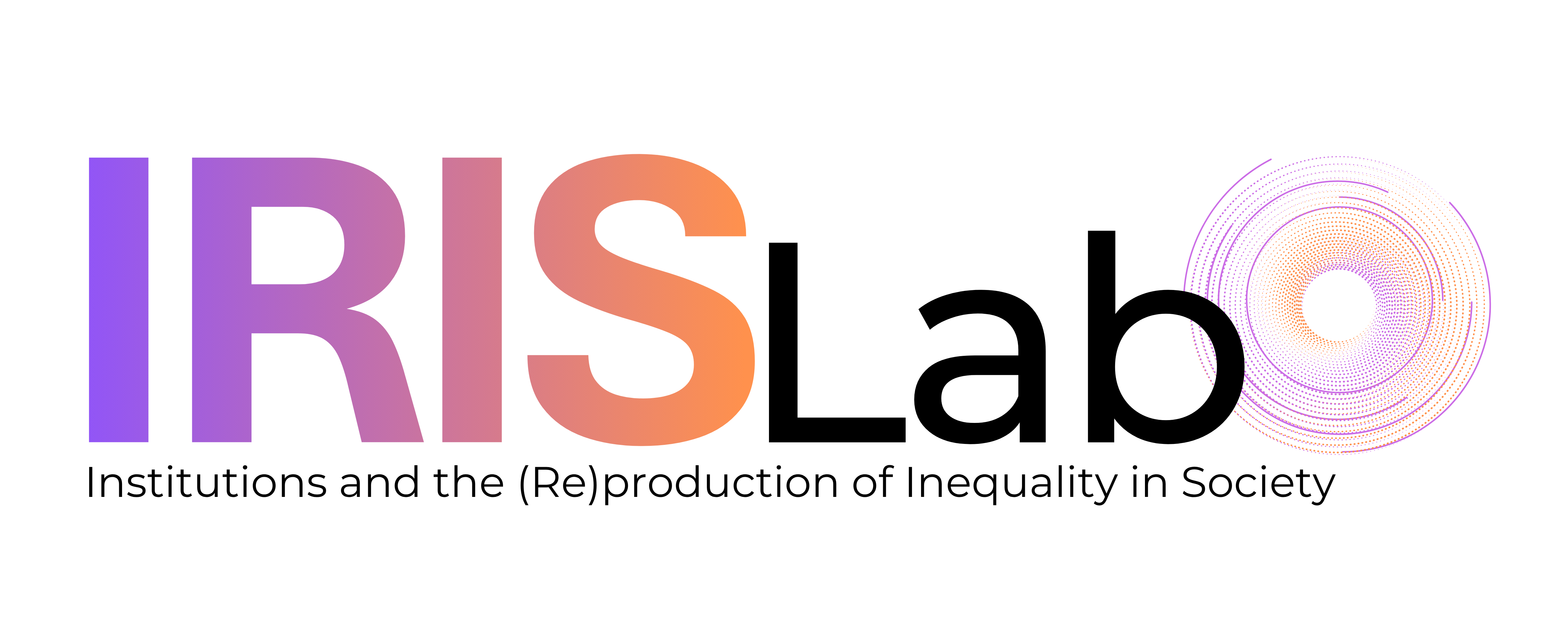 Logo for IRIS Lab, with "IRIS" in purple and coral text, "Lab" in black, and a circular geometric spiral graphic. Below the text, it reads "Institutions and the (Re)production of Inequality in Society".