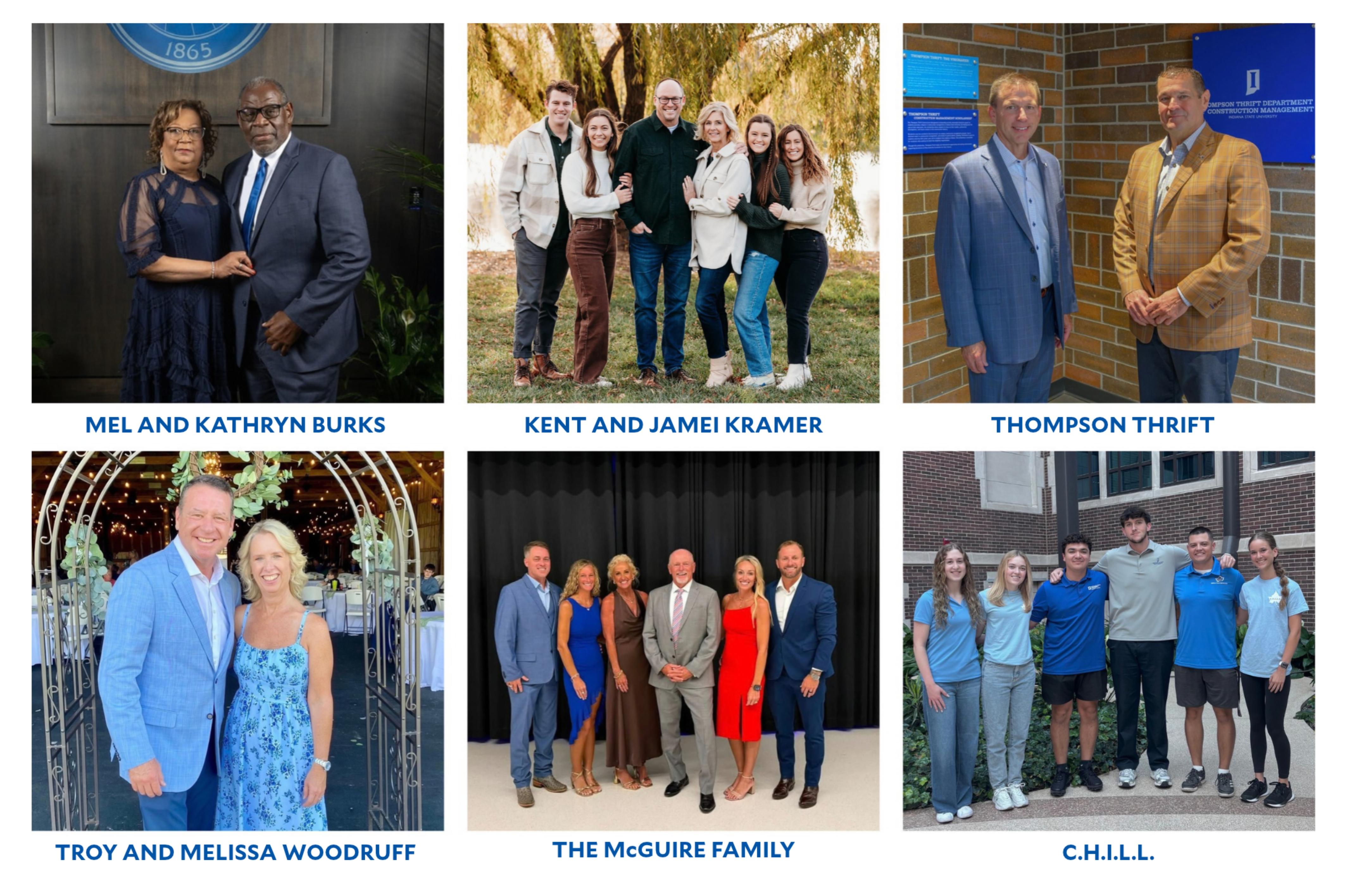 This image features several groups of people in various settings. Each group is labeled with a name: Mel and Kathryn Burks, Kent and Jamei Kramer, Thompson Thrift, Troy and Melissa Woodruff, The McGuire Family, and C.H.I.L.L. The backgrounds include greenery, indoor settings, and a floral archway.