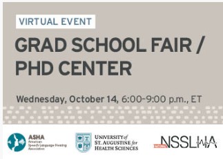 A promotional graphic for a Grad School Fair/PHD Center on Wednesday, October 14, from 6:00-9:00 p.m., ET. The graphic contains logos. 
