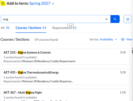 This image shows how to search for a subject in Sycamore Plan.