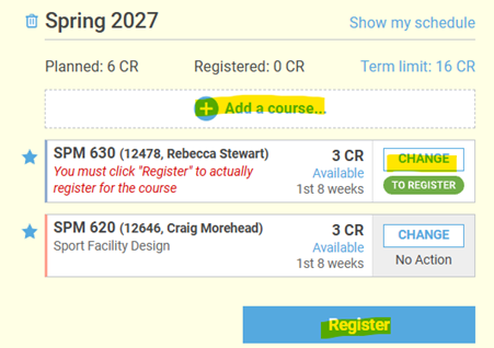 This image highlights the "Add a course", "change", and "register" buttons in Sycamore Plan.