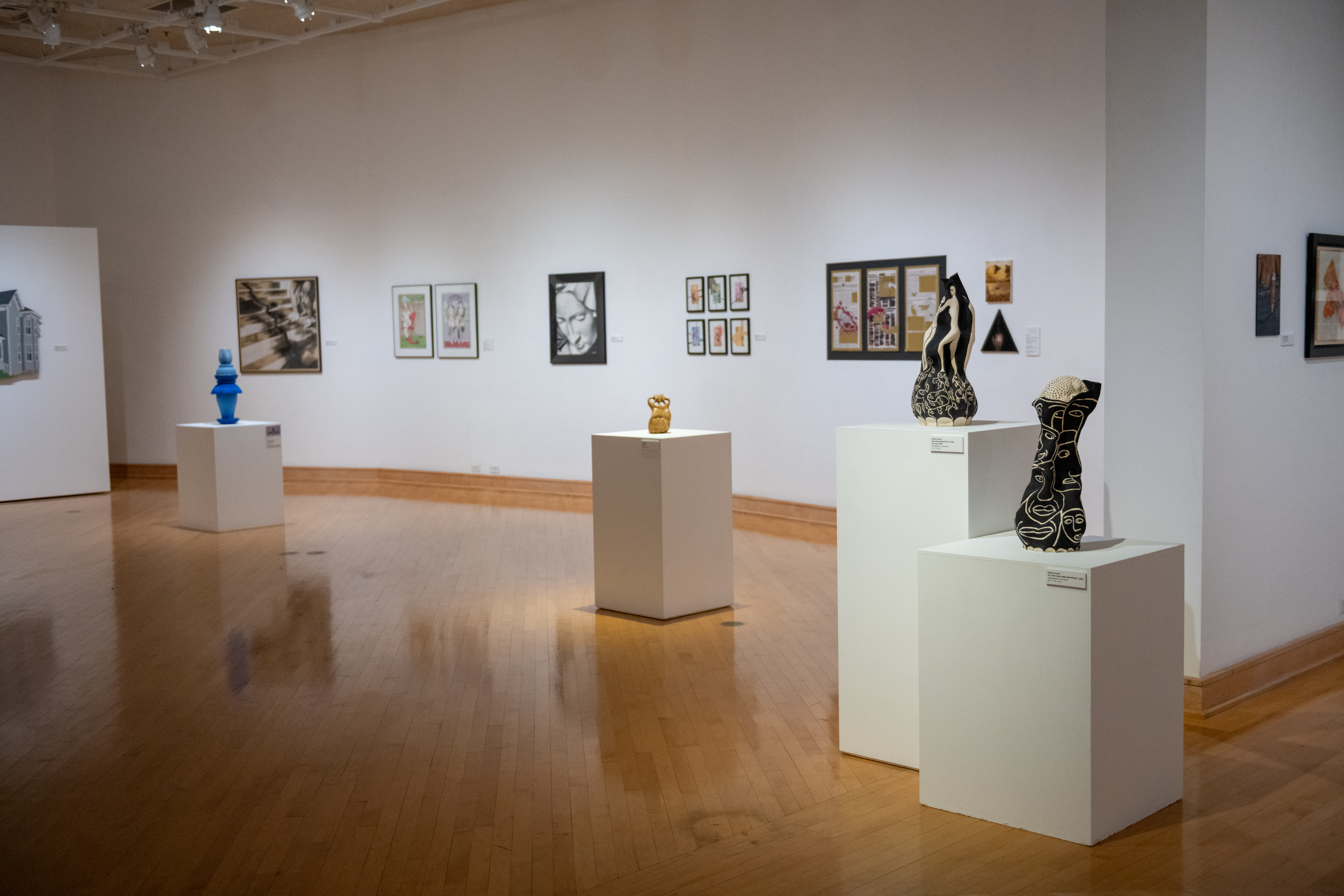 Art gallery with student artwork including sculptures on white pedestals and framed drawings and prints displayed on white walls.