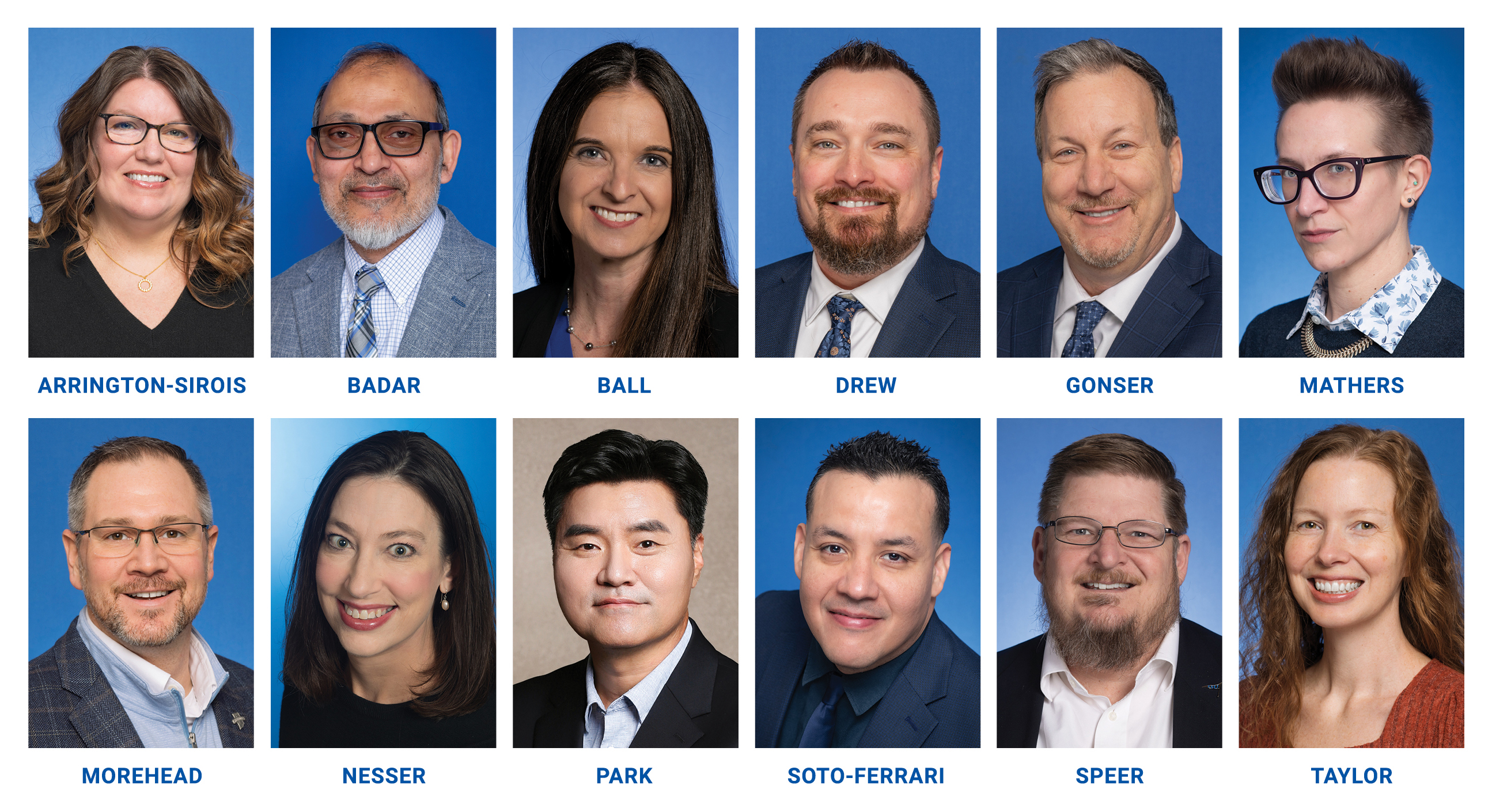 Twelve faculty award recipients from Indiana State University posing in professional attire against blue and neutral backgrounds, smiling confidently.