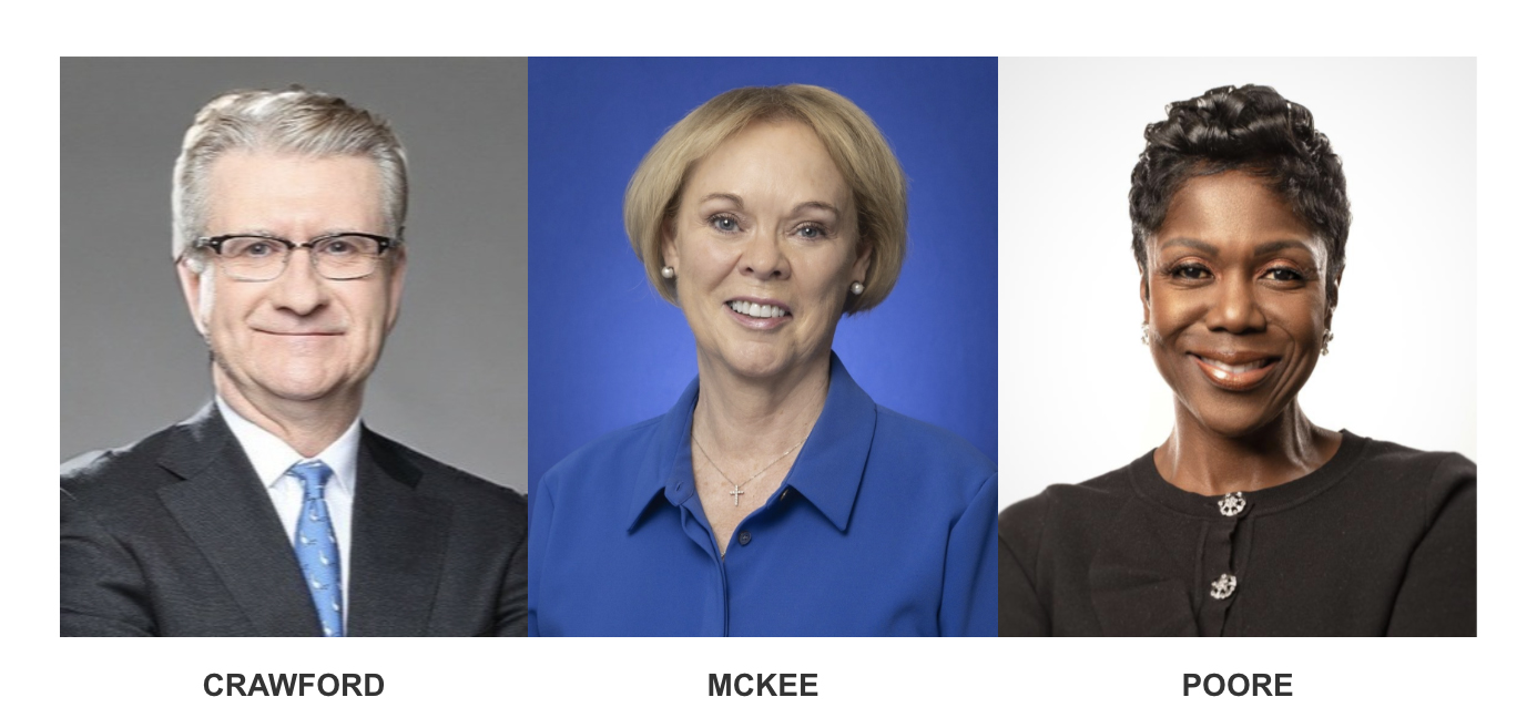 Three headshots of distinguished alumni award recipients: man in suit and glasses, woman in blue blouse with short blonde hair, woman in black top with short cu