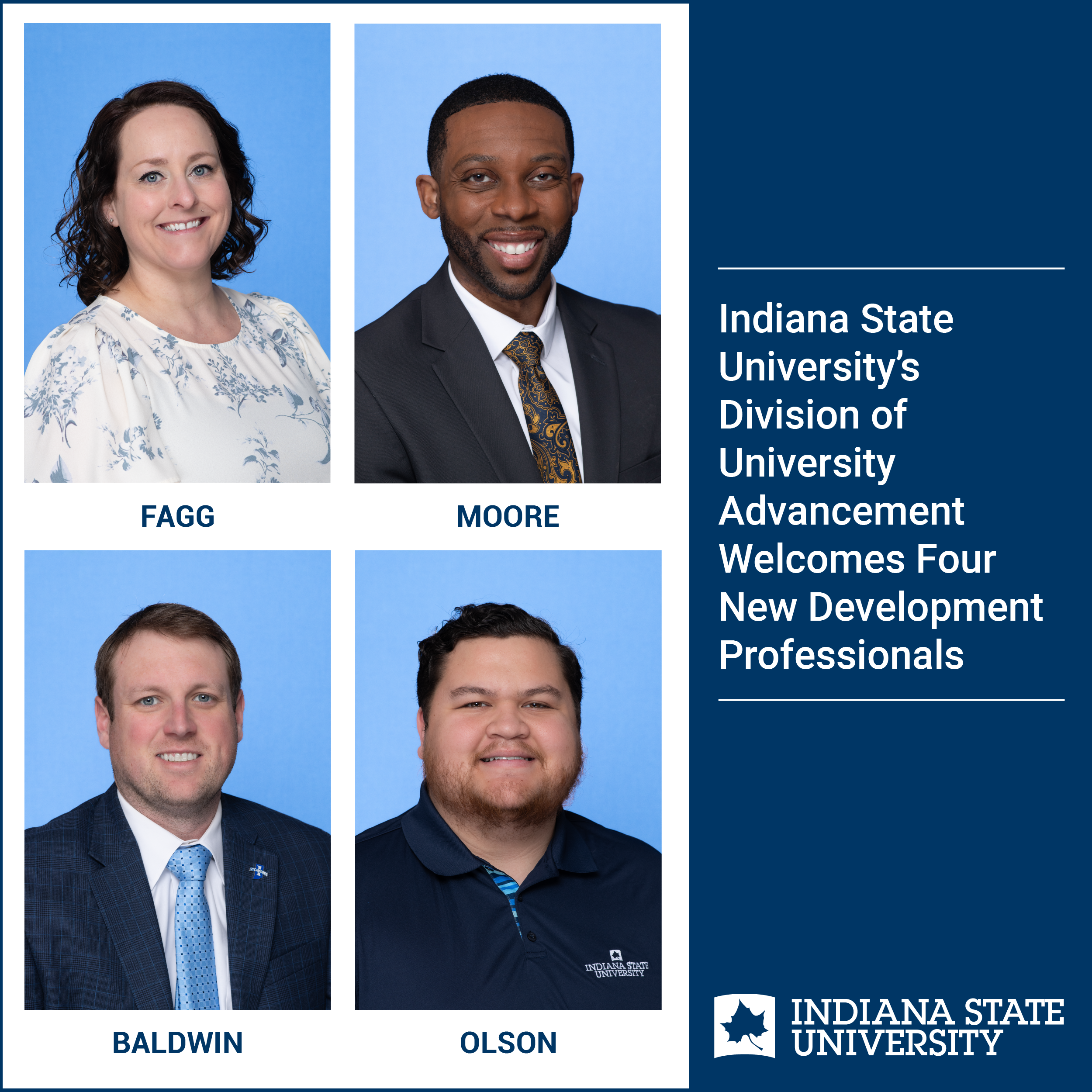 Portraits of four smiling professionals against a blue background, two men in suits and one in a navy polo, one woman in a floral blouse.