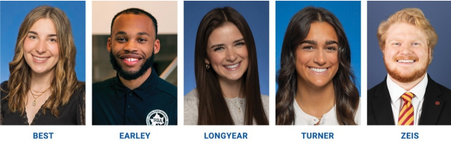 Five students smiling in individual headshots against plain or neutral backgrounds, each named below their photo: Best, Earley, Longyear, Turner, Zeis.