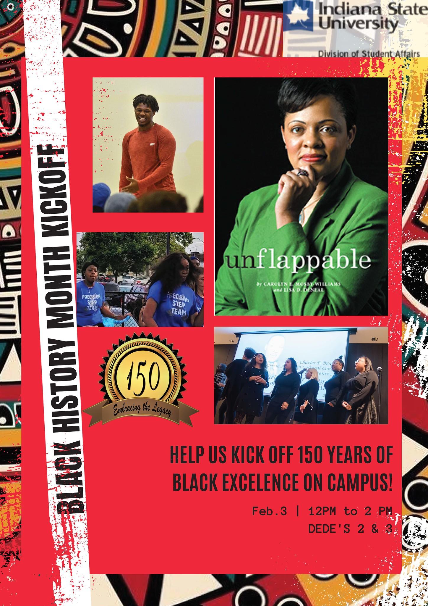 Collage with a smiling man in red shirt, women step dancing, book cover of Unflappable by Carolyn E. Mosby-Williams, Black choir, and text about Black History M