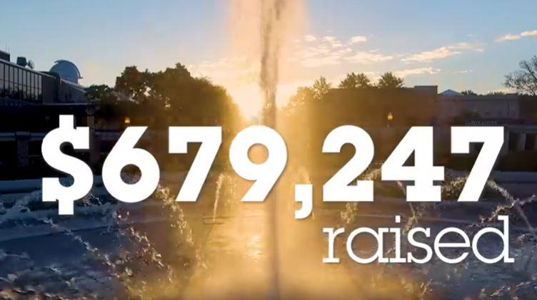 Fountain water illuminated by sunset with large text overlay showing $679,247 raised in white font.