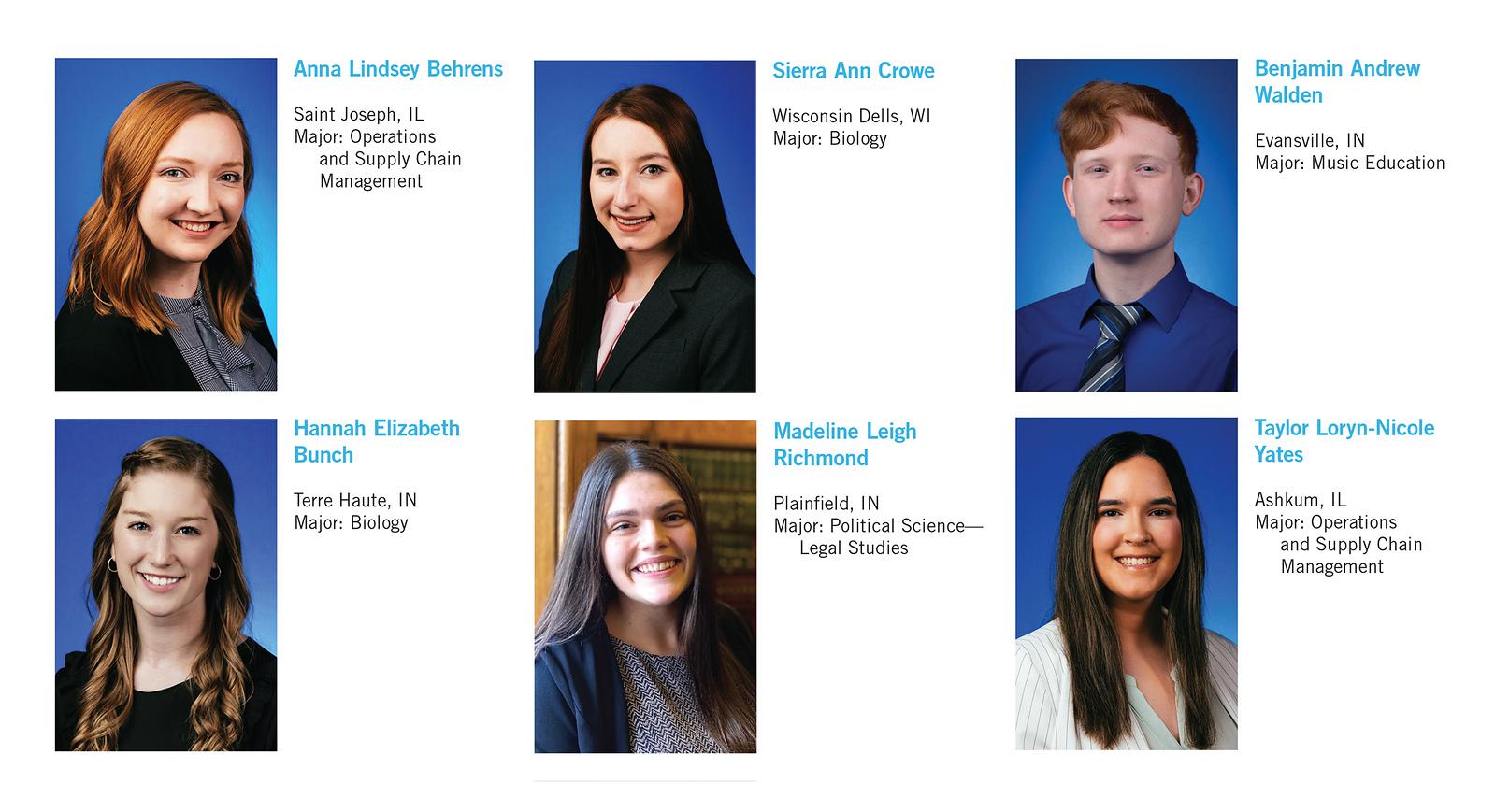 Six Indiana State University seniors with headshots on blue and one on a brown background, wearing formal attire, smiling at the camera.