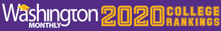 Washington Monthly logo in white on purple background with "2020 College Rankings" in large yellow letters on right side.