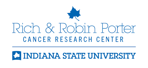 Logo featuring a blue maple leaf above the text Rich & Robin Porter Cancer Research Center and Indiana State University with a blue maple leaf icon.