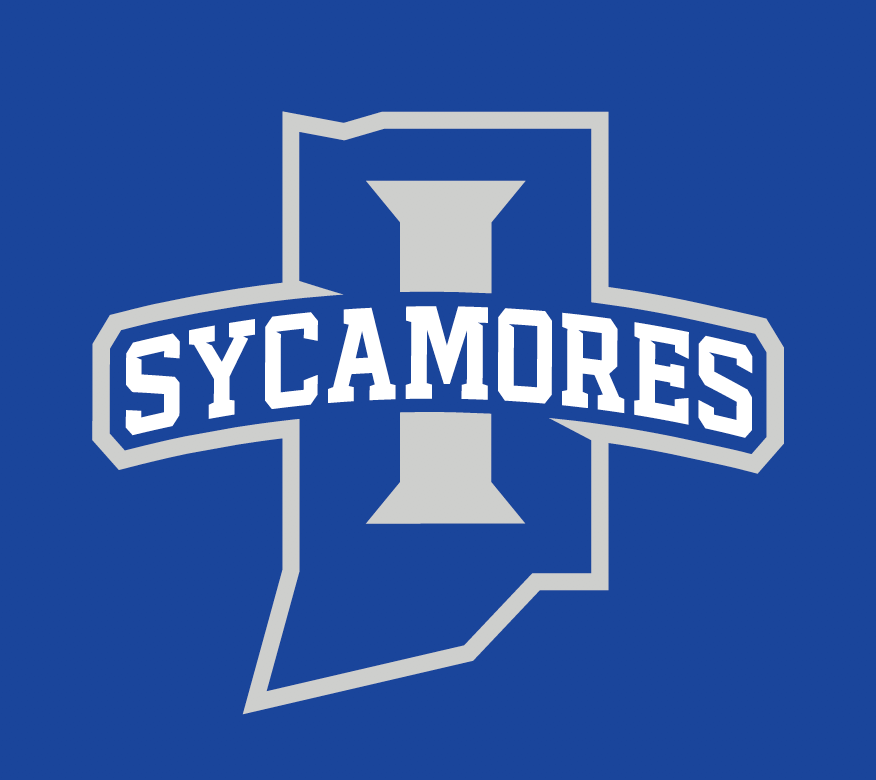 Blue background with a gray outline of Indiana state and a large gray letter I in the center, overlaid with the word SYCAMORES in white block letters.