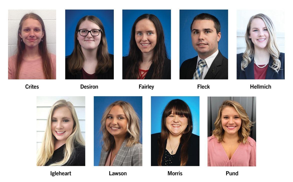Headshots of nine young adults, five against blue backgrounds, four against different neutral backgrounds, all smiling, labeled with last names beneath.