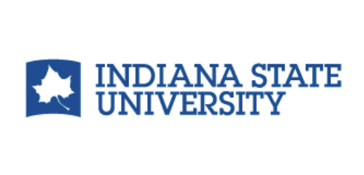 Blue Indiana State University logo with a stylized white leaf on the left and the text in uppercase serif font on the right.