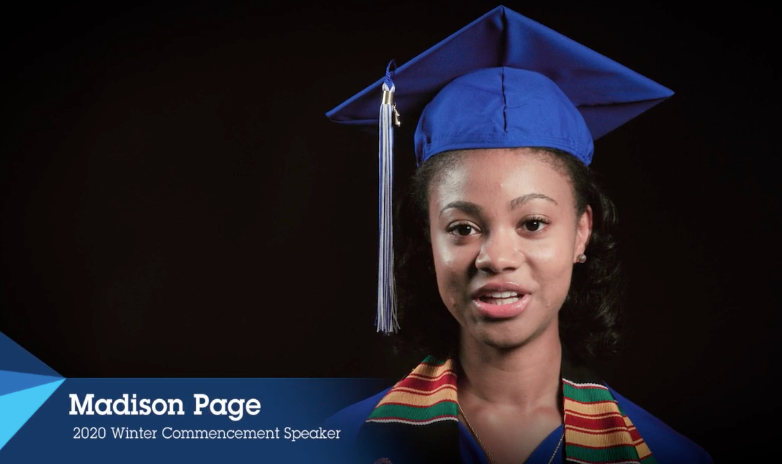 Young woman in blue graduation cap and gown with a colorful stole, speaking against a black background with text identifying her as Madison Page, 2020 Winter Co