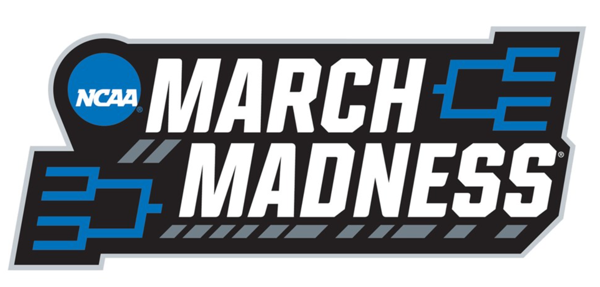 NCAA March Madness logo with a black background, white bold text, and blue tournament bracket graphics on both sides.