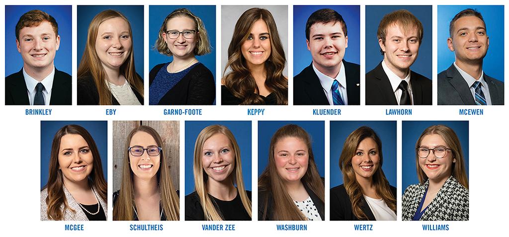 Thirteen young adults in formal attire with blue or neutral backgrounds, arranged in two rows, smiling for graduation honor headshots.