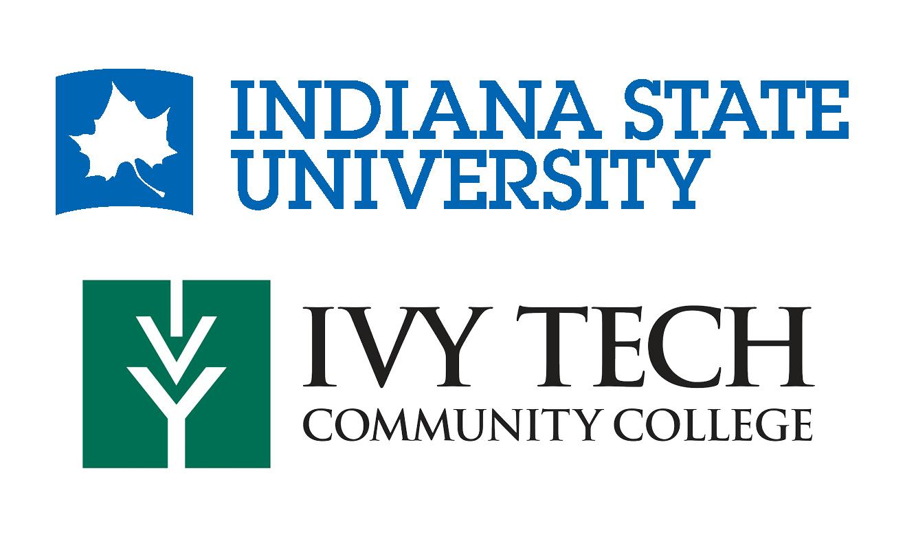 Blue Indiana State University logo with a white leaf and green Ivy Tech Community College logo with white arrows and text on white background.