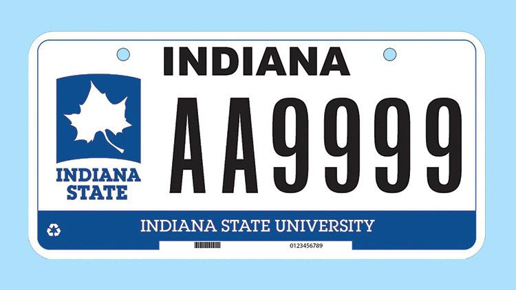 Indiana license plate with Indiana State University logo and text, featuring the code AA9999 on a white background with blue accents.