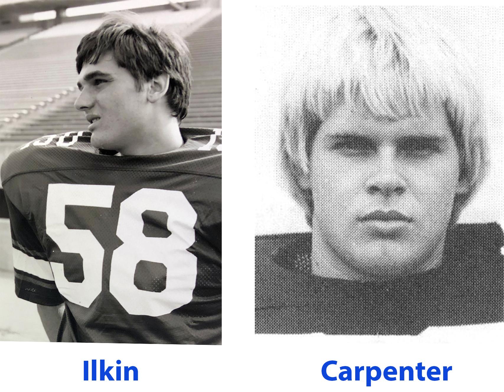 Two black and white photos side by side showing young male football players in uniform; one wears jersey number 58 and looks to the left, the other faces forwar