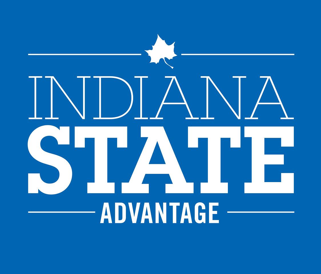 Indiana State Advantage logo with a white leaf graphic above the text on a blue background.