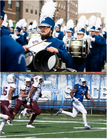 Marching band members in blue uniforms and white plumed hats play drums in a parade; a football player in blue runs with the ball past defenders in maroon.