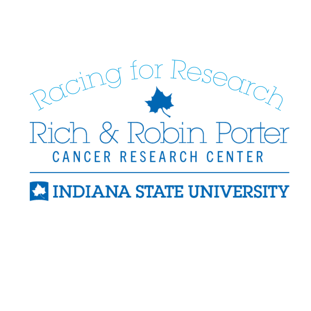 Racing for Research logo with blue text, maple leaf icon, and Indiana State University name on black background.