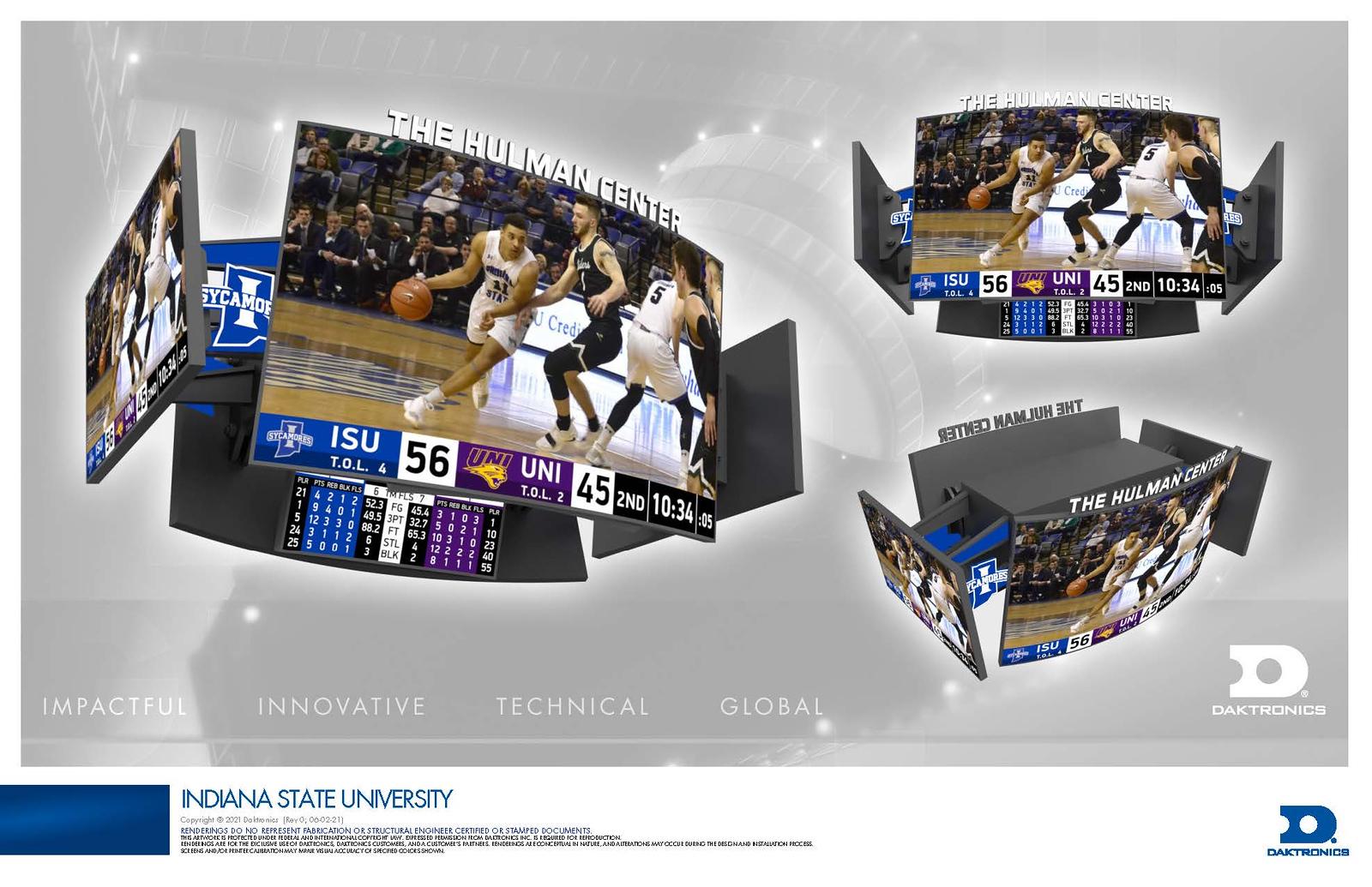 Four-sided digital scoreboard design showing basketball game between Indiana State University and UNI with player statistics and game clock at the Hulman Center