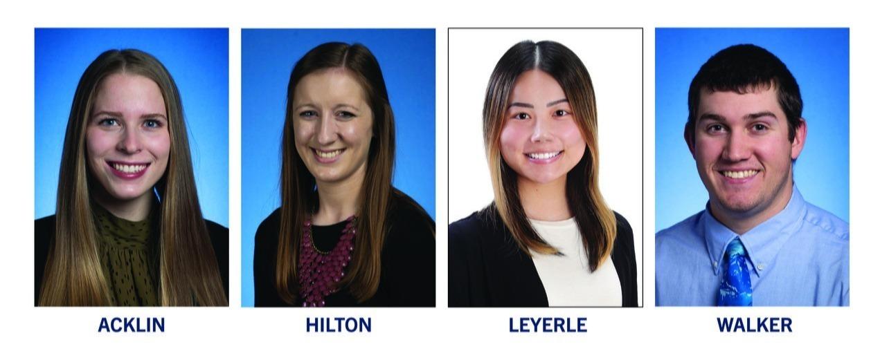Four young adults, three women and one man, smiling in portrait photos with blue backgrounds, labeled Acklin, Hilton, Leyerle, and Walker.