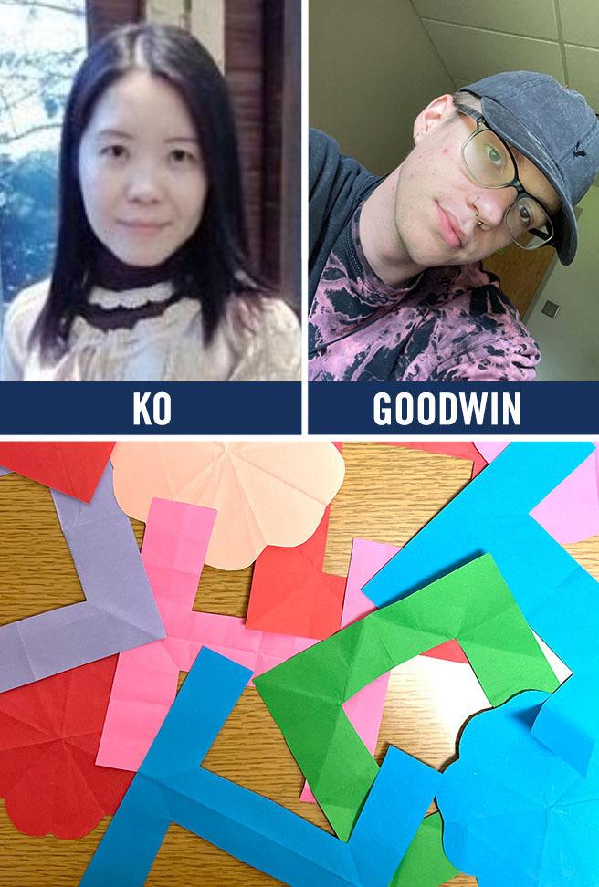 Portraits of two individuals labeled Ko and Goodwin above a table covered with colorful folded paper origami shapes.