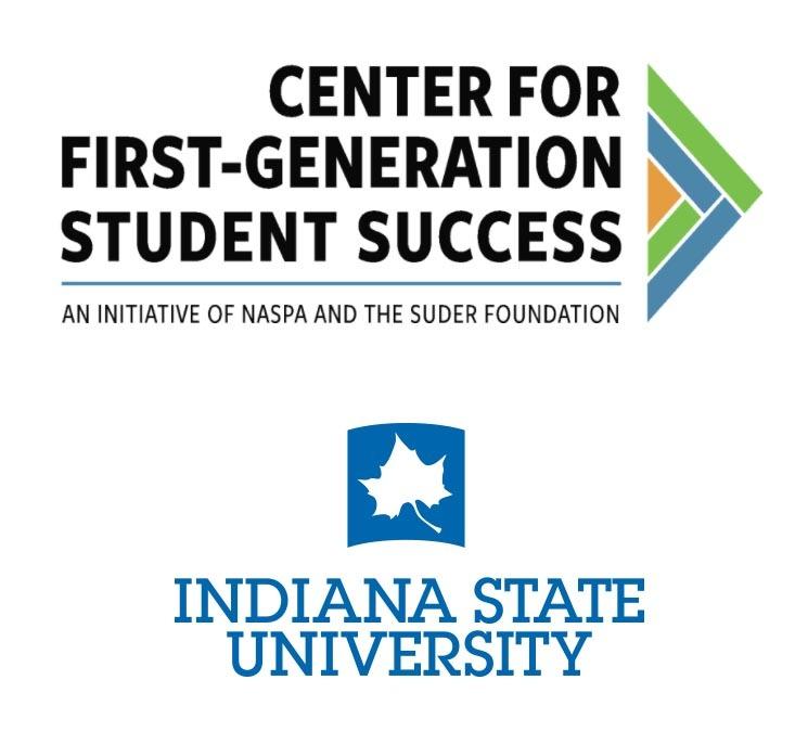 Center for First-Generation Student Success logo with colorful triangular design above Indiana State University name and blue square with maple leaf.
