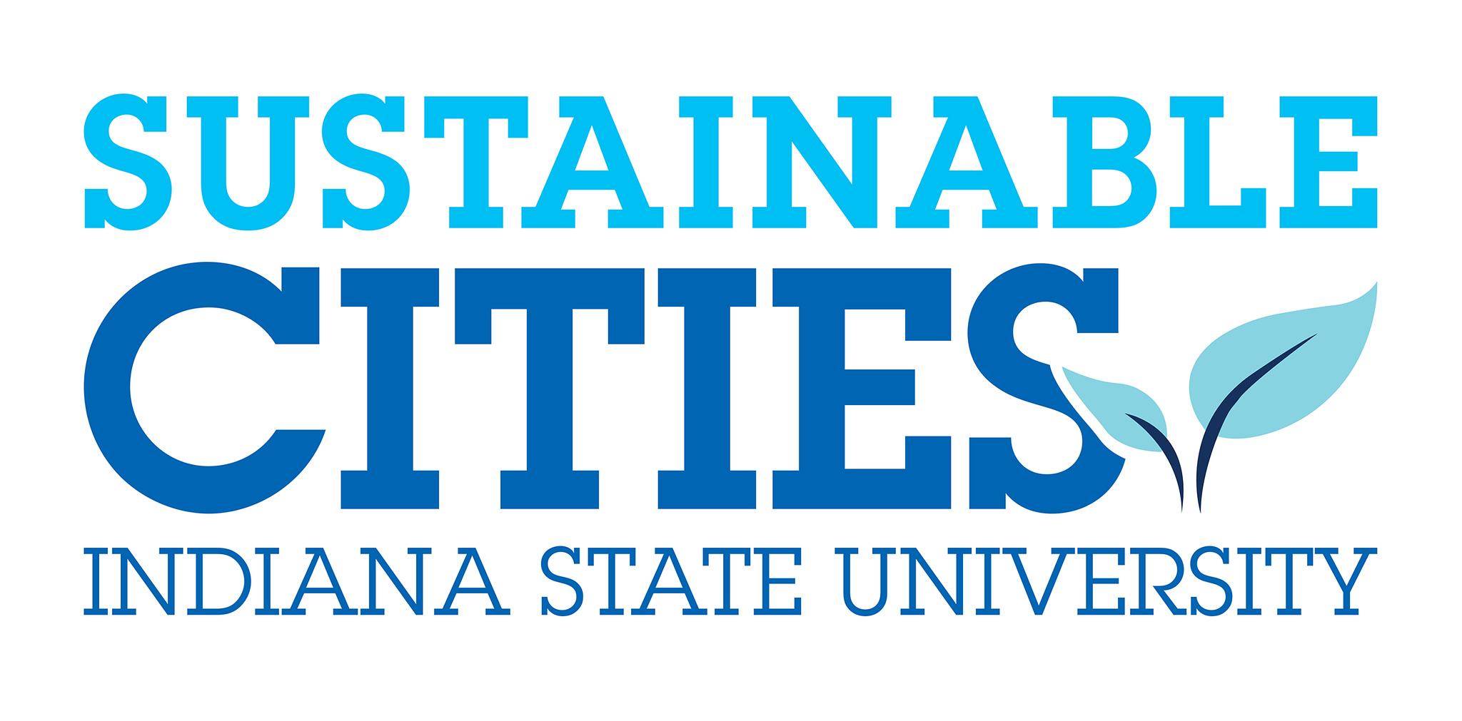 Sustainable Cities logo with two blue leaves growing from the letter S and Indiana State University text below.