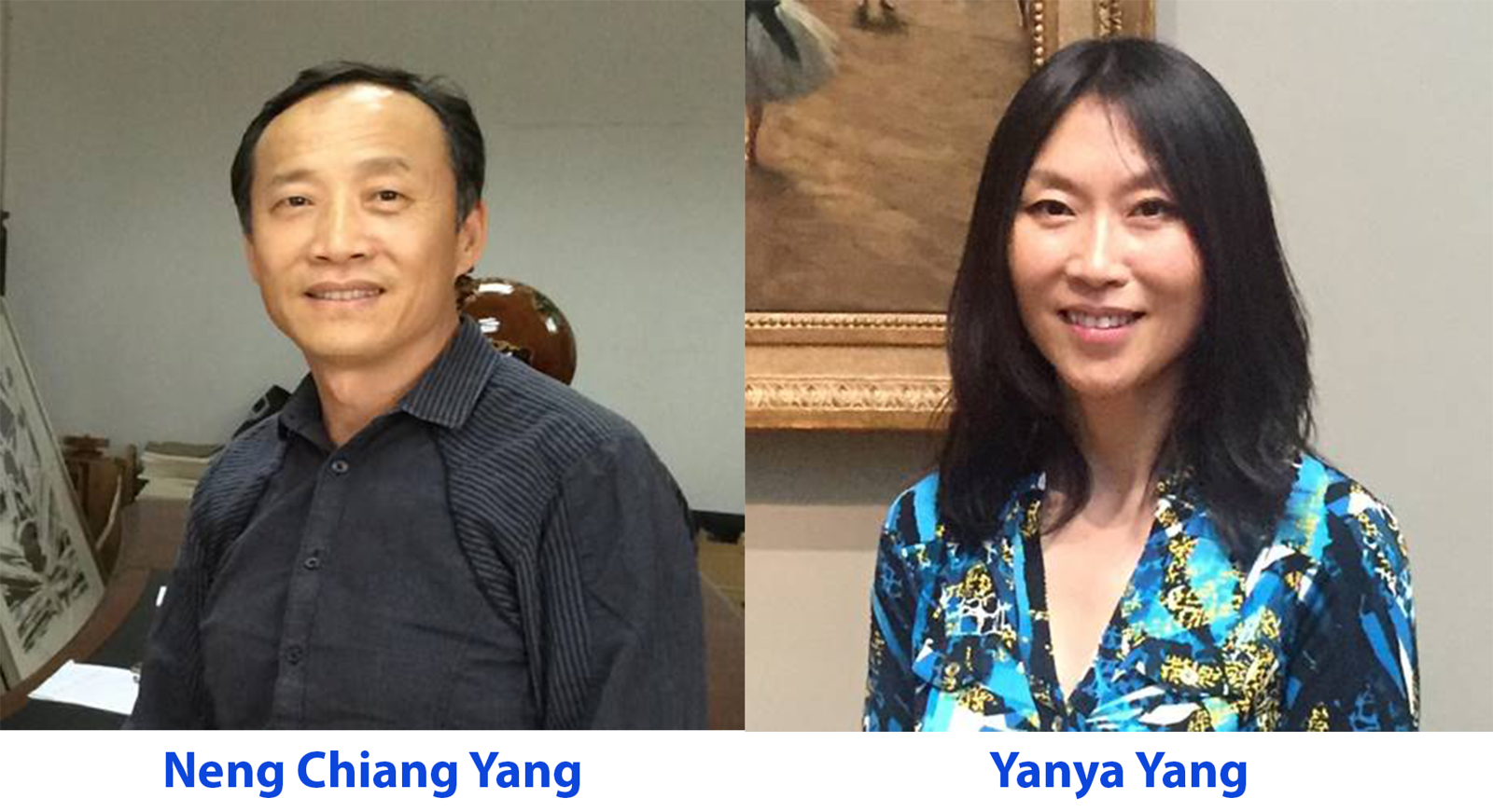 Two individuals, a man in a dark shirt on the left and a woman in a blue patterned blouse on the right, smiling indoors.