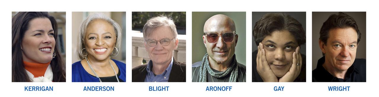 Six headshots of diverse individuals, three women and three men, each smiling or posing against plain or outdoor backgrounds.