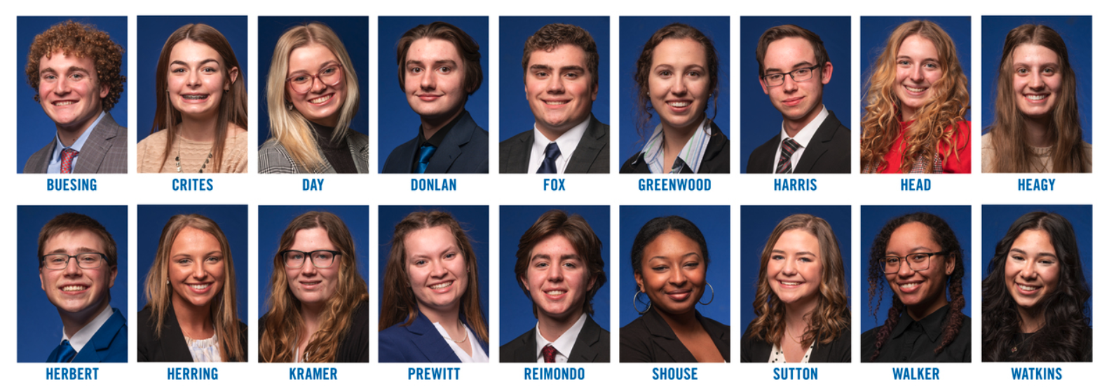 Eighteen students in formal attire smiling in individual headshots arranged in two rows against a blue background.