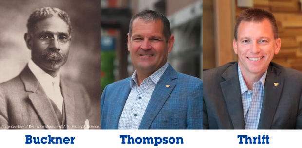 Three portraits side by side: a vintage photo of a man with a mustache in a suit, a middle-aged man in a blue blazer, and a smiling man in a gray suit.