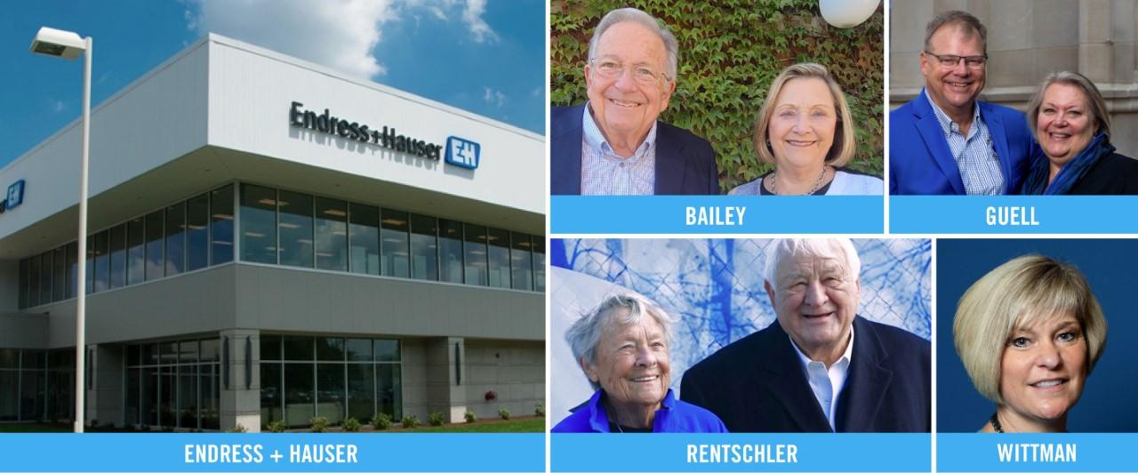 Corporate building with Endress+Hauser logo, and portraits of five award recipients in pairs and single, smiling in casual or business attire.