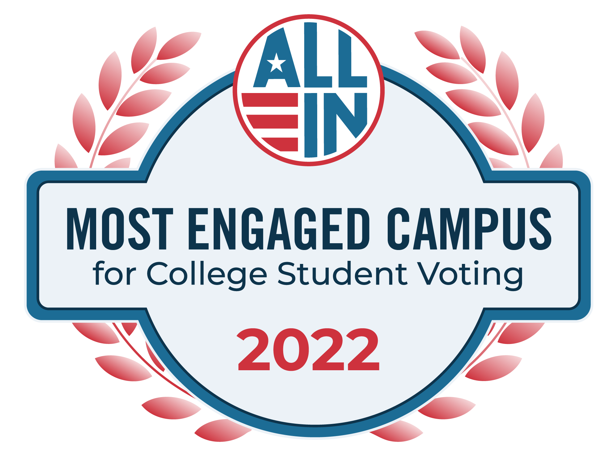 2022 badge with red laurel wreath and text Most Engaged Campus for College Student Voting with ALL IN logo at top center.