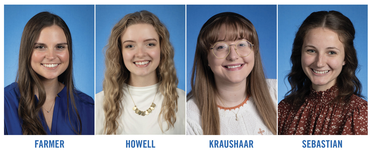 Four young women smiling against a blue background, identified as Farmer, Howell, Kraushaar, and Sebastian, Fall 2022 Hines Memorial Medal recipients.